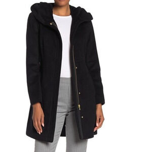 Cole Haan  Zip Front Wool  Angora Blend Hooded Belted Trench Coat
